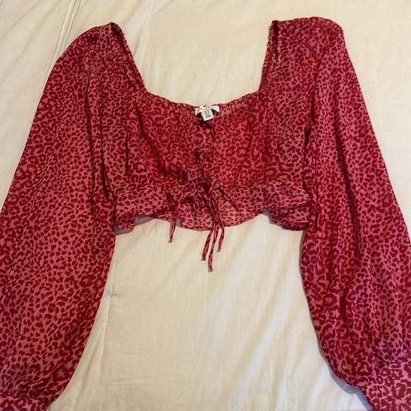 NWOT Topshop Red/Pink Leopard Prairie Cropped Blouse Size US 10 - Picture 6 of 8